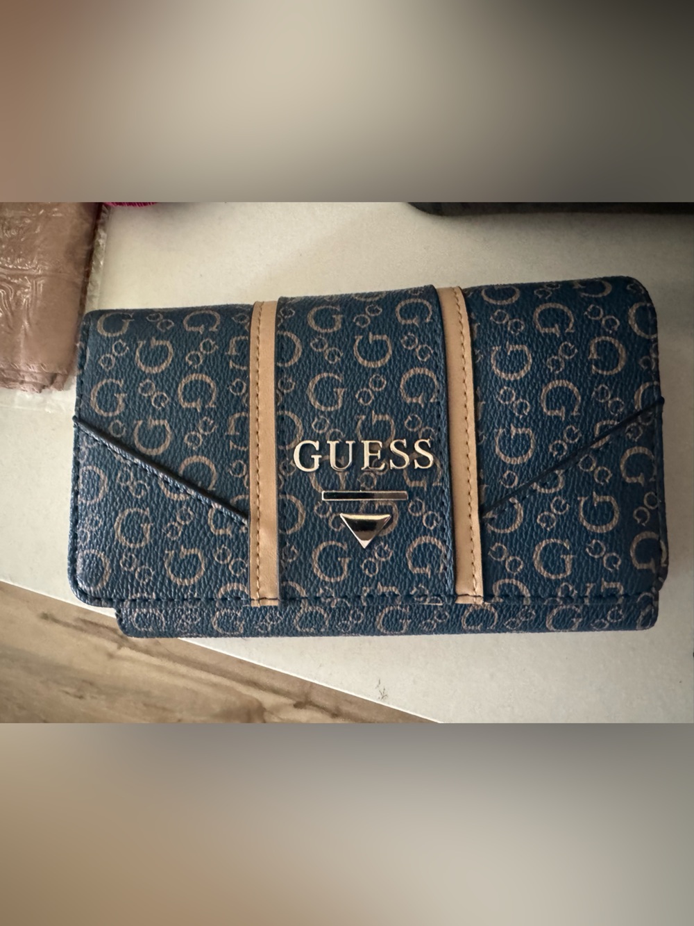 GUESS Navy Monogram Fold-Over Wallet with Tan Trim